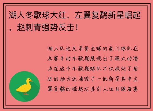 湖人冬歇球大红，左翼复鹬新星崛起，赵刺青强势反击！