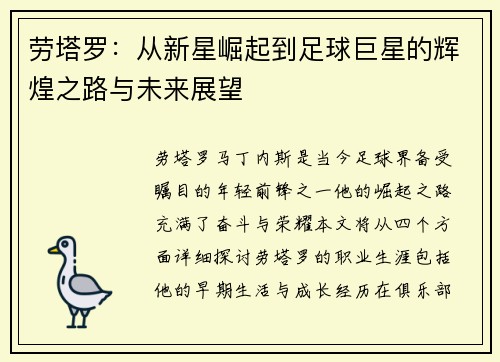 劳塔罗：从新星崛起到足球巨星的辉煌之路与未来展望