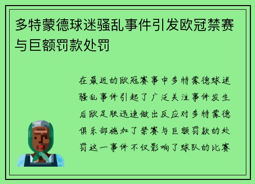 多特蒙德球迷骚乱事件引发欧冠禁赛与巨额罚款处罚