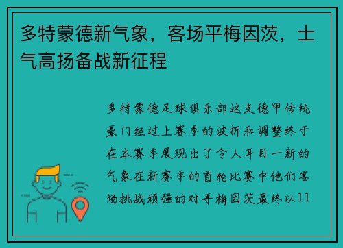 多特蒙德新气象,客场平梅因茨,士气高扬备战新征程