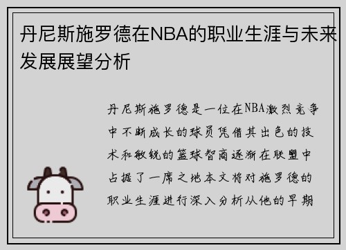 丹尼斯施罗德在NBA的职业生涯与未来发展展望分析