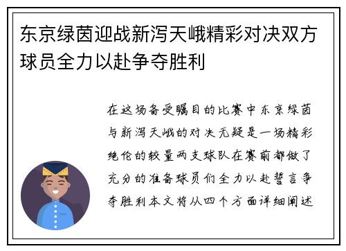 东京绿茵迎战新泻天峨精彩对决双方球员全力以赴争夺胜利