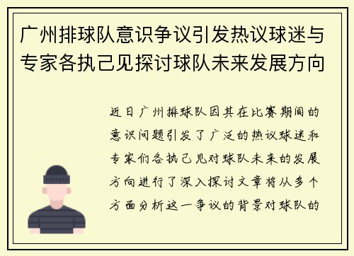 广州排球队意识争议引发热议球迷与专家各执己见探讨球队未来发展方向