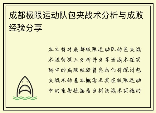 成都极限运动队包夹战术分析与成败经验分享